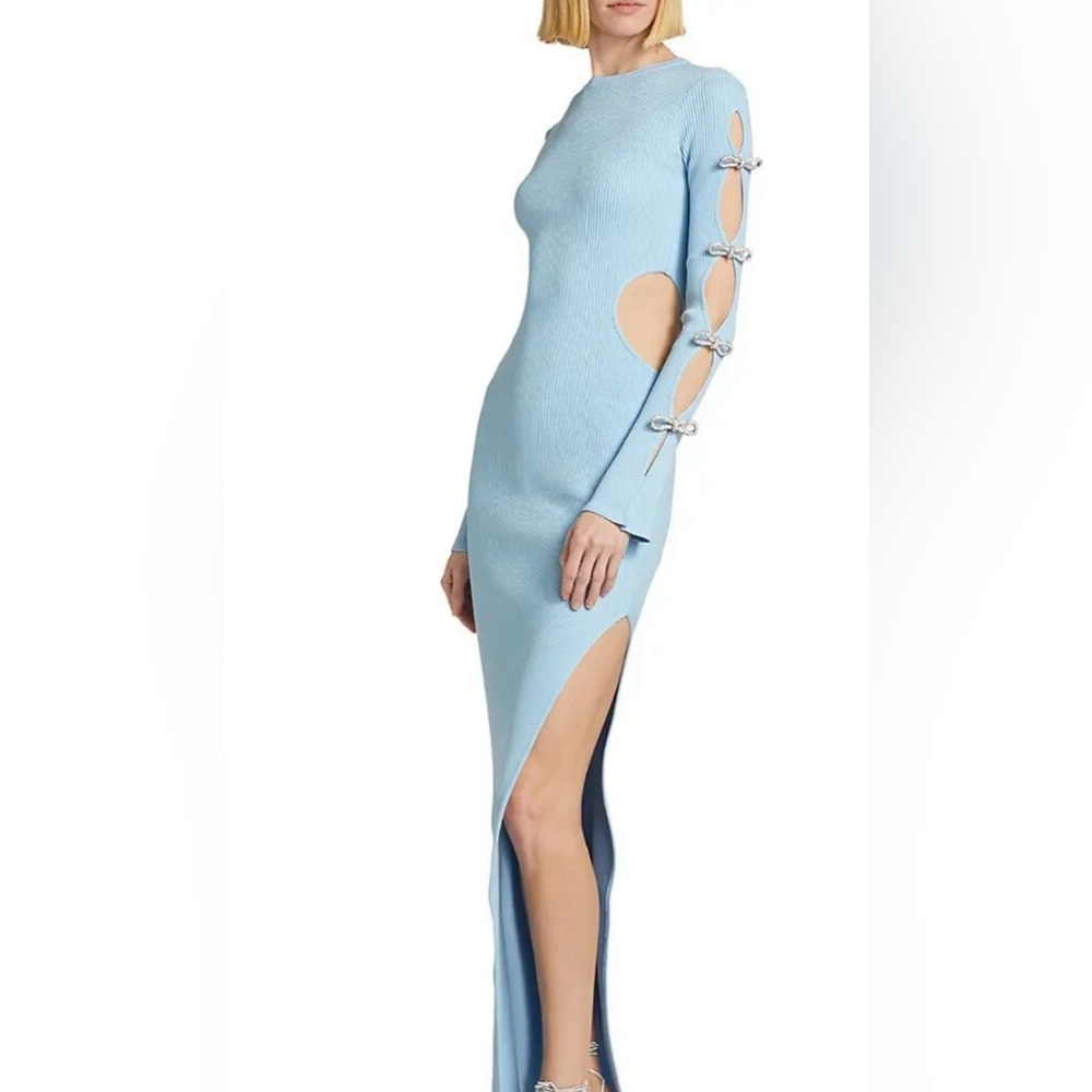 NWT MACH AND MACH Cut-out Crystal Bow Stretch Knit Maxi Dress Ocean Blue Size 4
